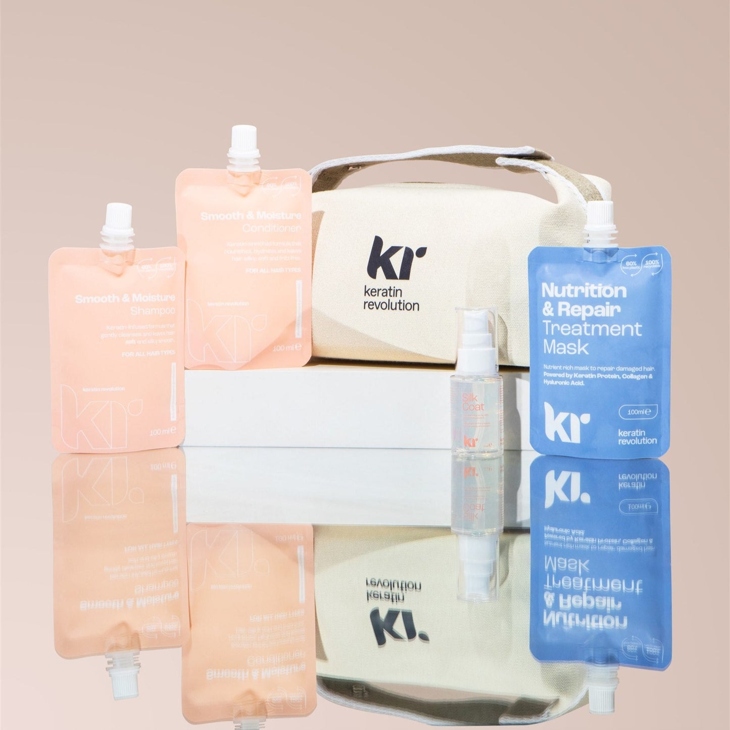 Keratin Revolution hair care products on a beige background