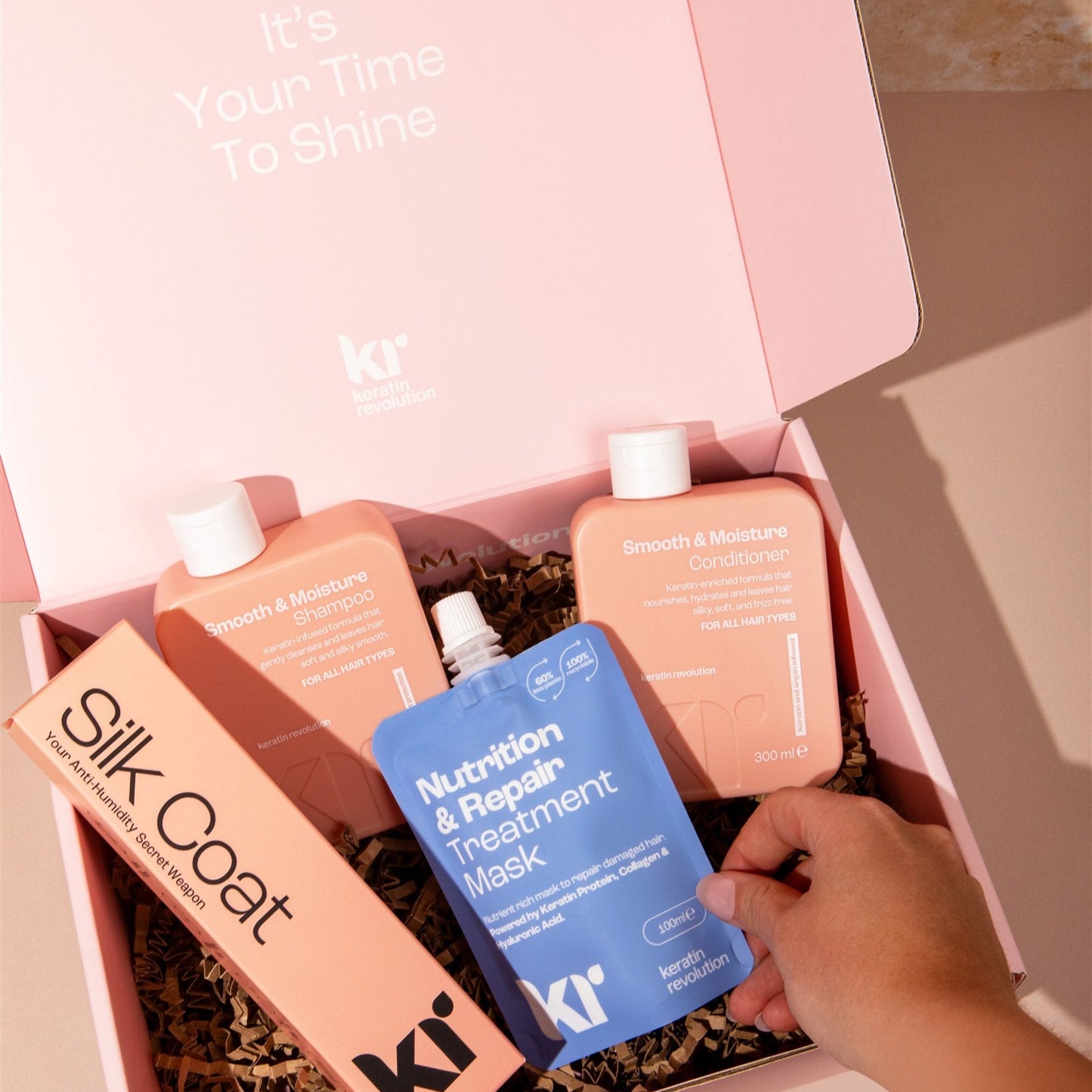 Kii hair care product set with 'Silk Coat' and 'Nutrition & Repair Treatment Mask' in a pink box.