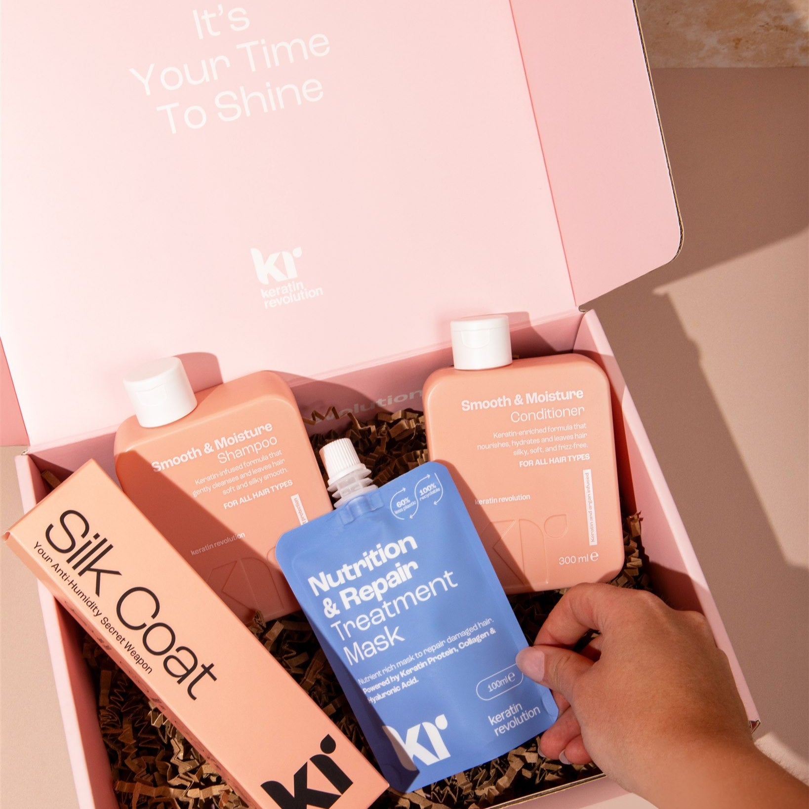 Kii hair care product set with 'Silk Coat' and 'Nutrition & Repair Treatment Mask' in a pink box.