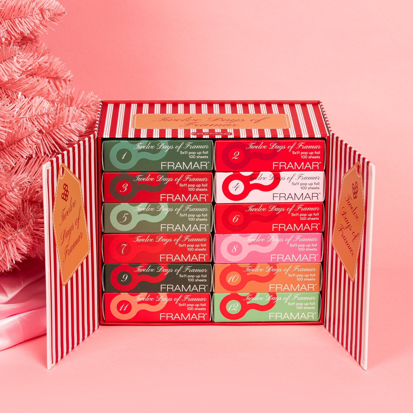 Set of Framar product boxes in a decorative box on a pink background